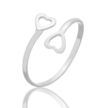 Anel ajustável folheado a prata com 2 corações vazados