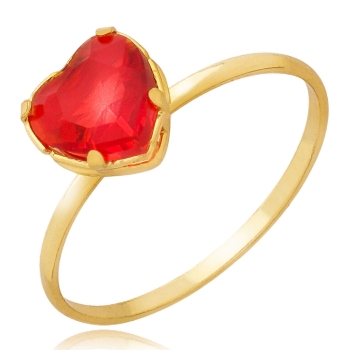 Anel folheado a ouro com pedra de vidro lapidado em forma de coração