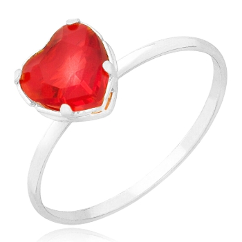 Anel folheado a prata com pedra de vidro lapidado em forma de coração