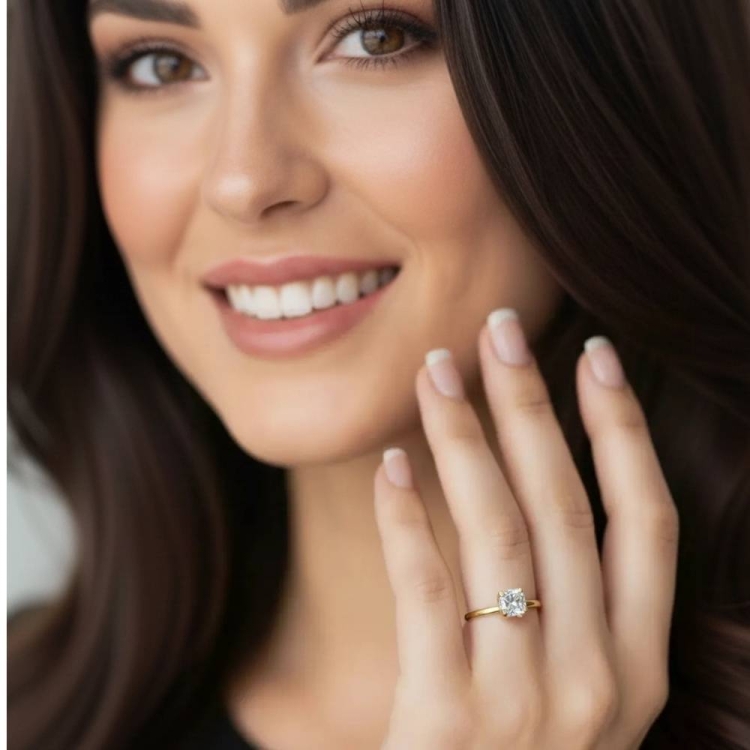 Foto 2 do Produto Anel folheado a ouro com zircônia de 6mm em chatão quadrado de 4 garras