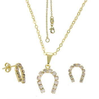 Conjunto folheado a ouro com brincos e pingente de strass em forma de ferradura