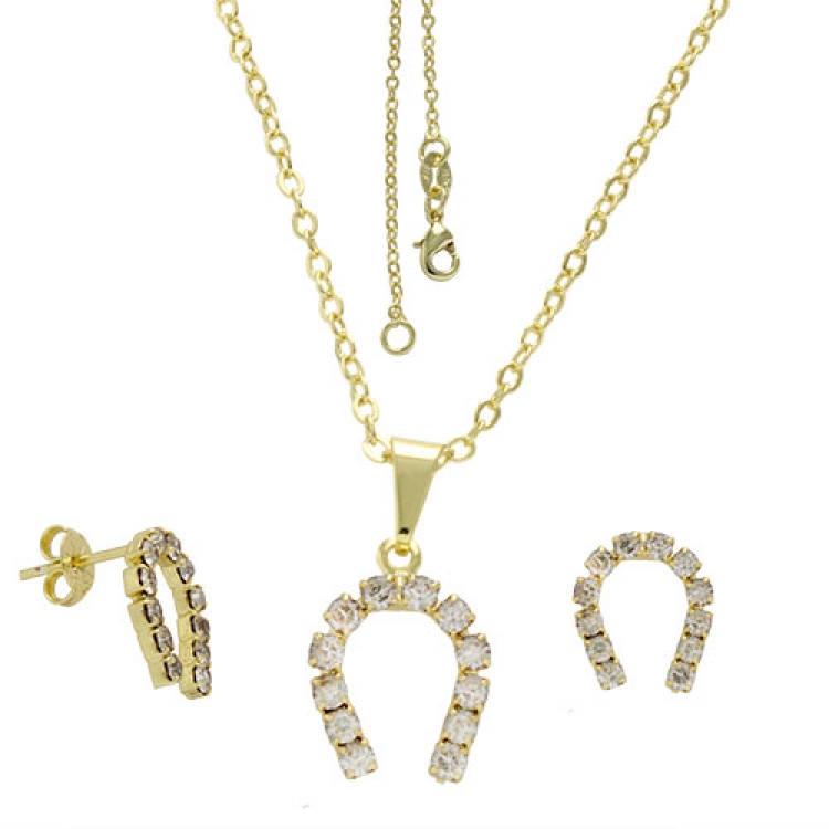 Foto 1 do Produto Conjunto folheado a ouro com brincos e pingente de strass em forma de ferradura