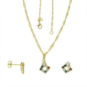 Conjunto folheado a ouro com brincos e pingente em forma de losango com strass multicolorido