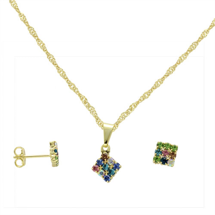 Foto 1 do Produto Conjunto folheado a ouro com brincos e pingente em forma de losango multicolorido com strass