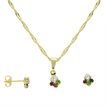 Conjunto folheado a ouro com brincos e pingente formando um losango pequeno com strass multicolorido