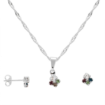 Conjunto folheado a prata com brincos e pingente formando um losango pequeno com strass multicolorido