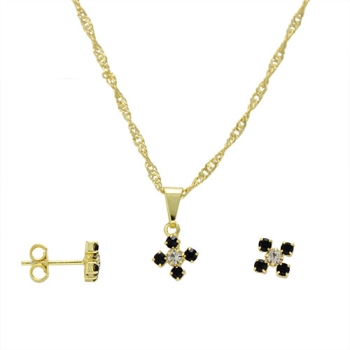 Conjunto folheado a ouro com brincos e pingente em forma de flor com strass