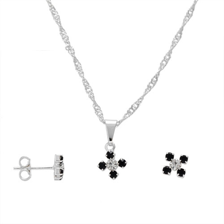 Foto 1 do Produto Conjunto folheado a prata com brincos e pingente em forma de flor com strass
