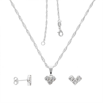 Conjunto folheado a prata com brincos e pingente em forma de V com strass