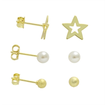 Kit com 3 pares de brincos folheados a ouro com estrela, pérola e bolinha