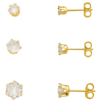 Kit com 3 brincos solitários folheados a ouro com zircônia em chatão de cálice