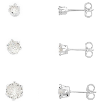 Kit com 3 brincos solitários folheados a prata com zircônia em chatão de cálice