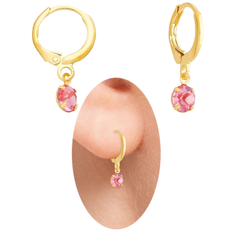 Foto 1 do Produto Brinco estilo tranqueta folheado a ouro com strass de 5 mm na cor rosa