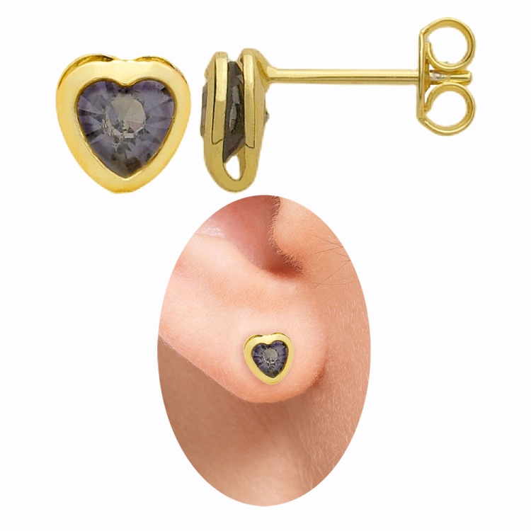 Foto 1 do Produto Brinco folheado a ouro em forma de coração com pedra acoplada de strass lilás