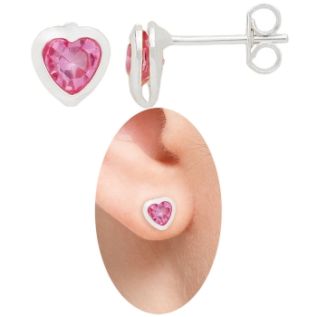 Brinco folheado a prata em forma de coração com pedra acoplada de strass rosa bebê