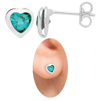 Brinco folheado a prata em forma de coração com pedra acoplada de strass azul áqua