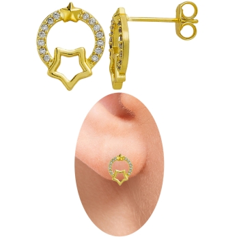 Brinco folheado a ouro em forma de arco e estrela cravejado com micro zircônias