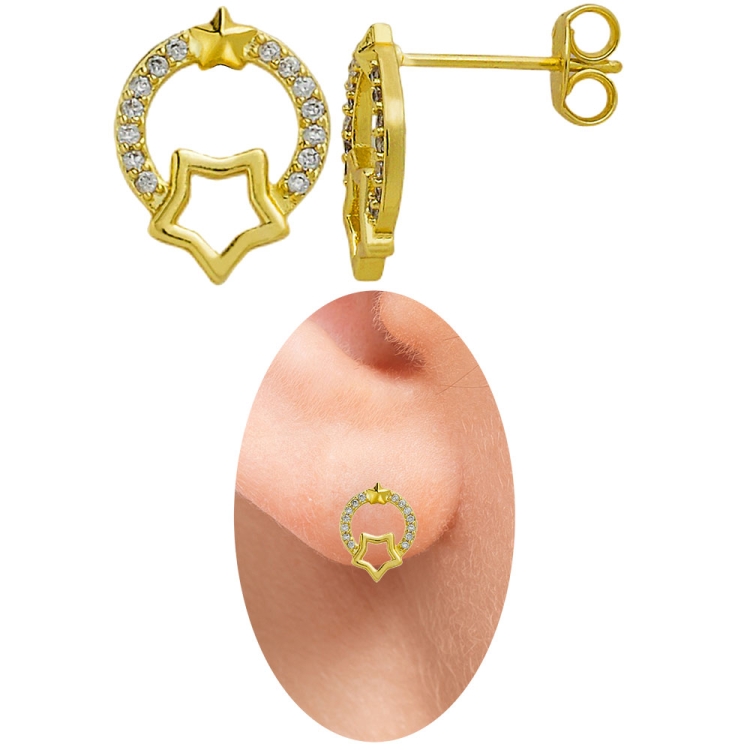 Foto 1 do Produto Brinco folheado a ouro em forma de arco e estrela cravejado com micro zircônias