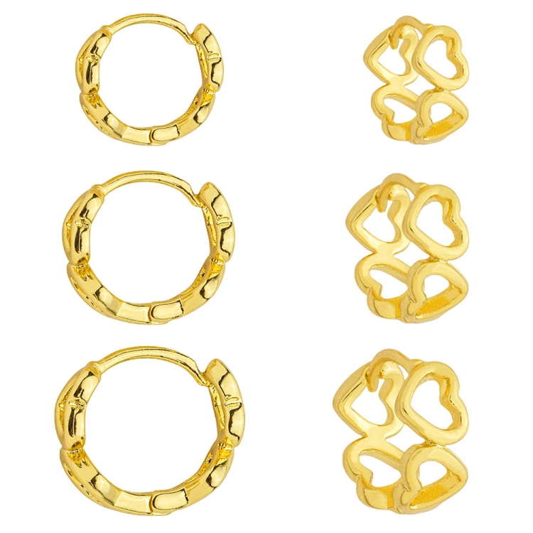 Foto 1 do Produto Kit com 3 pares de brinco de argola folheados a ouro com detalhes em forma de coração