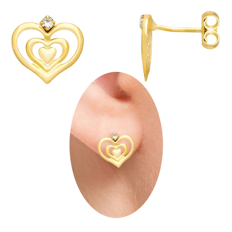 Foto 1 do Produto Brinco folheado a ouro em forma de coração triplo vazado com strass