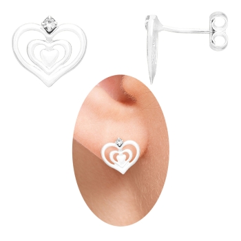 Brinco folheado a prata em forma de coração triplo vazado com strass