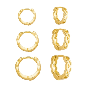 Kit com 3 pares de brinco de argola tribal folheados a ouro