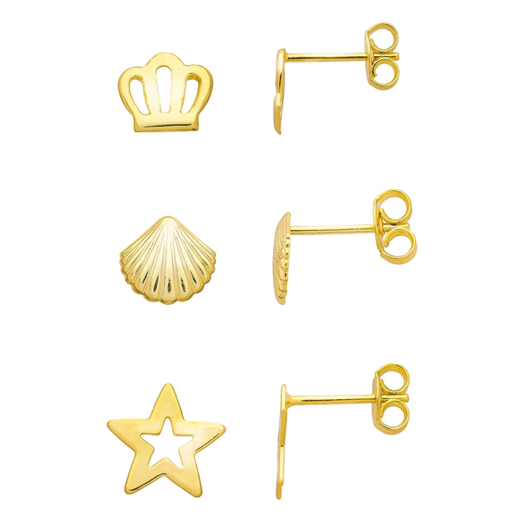 Foto 1 do Produto Kit com 3 pares de brincos folheados a ouro - coroa, concha e estrela