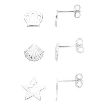 Kit com 3 pares de brincos folheados a prata - coroa, concha e estrela