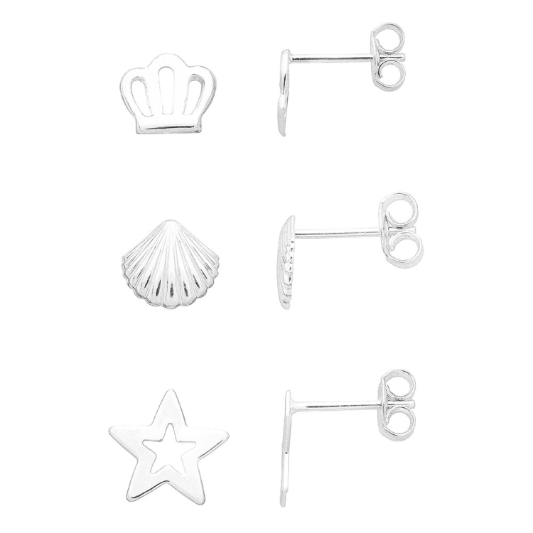 Foto 1 do Produto Kit com 3 pares de brincos folheados a prata - coroa, concha e estrela