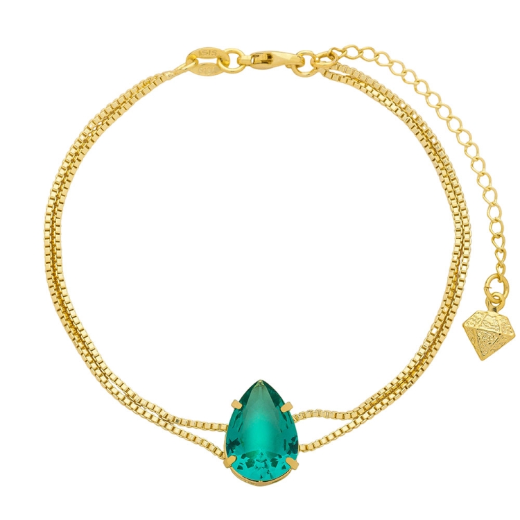 Foto 1 do Produto Pulseira folheada a ouro com corrente dupla e pedra de vidro lapidado na cor verde esmeralda