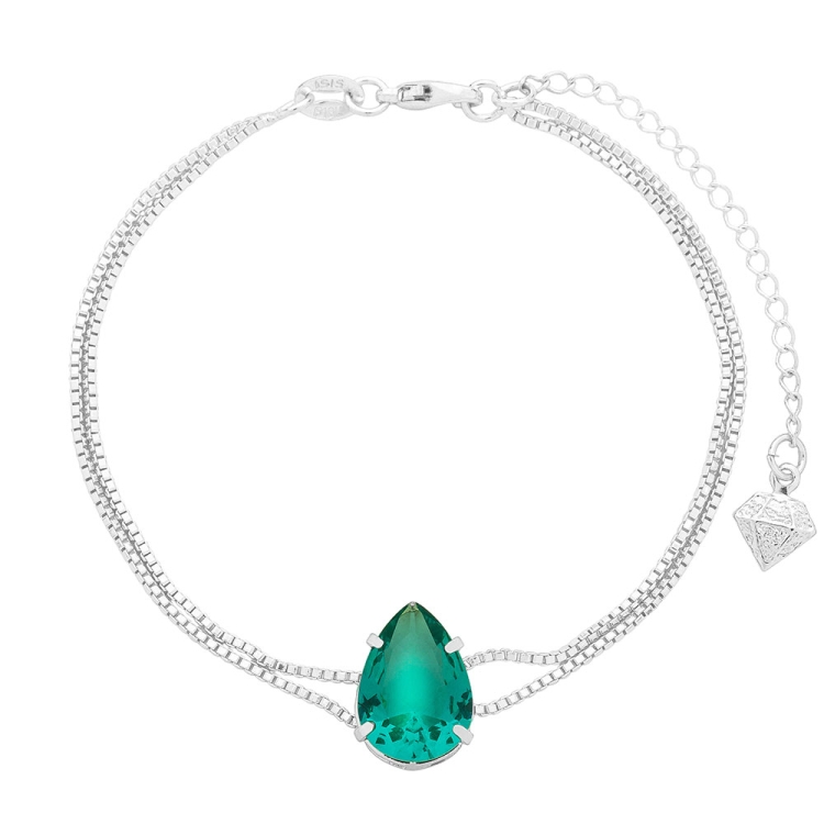 Foto 1 do Produto Pulseira folheada a prata com corrente dupla e pedra de vidro lapidado na cor verde esmeralda